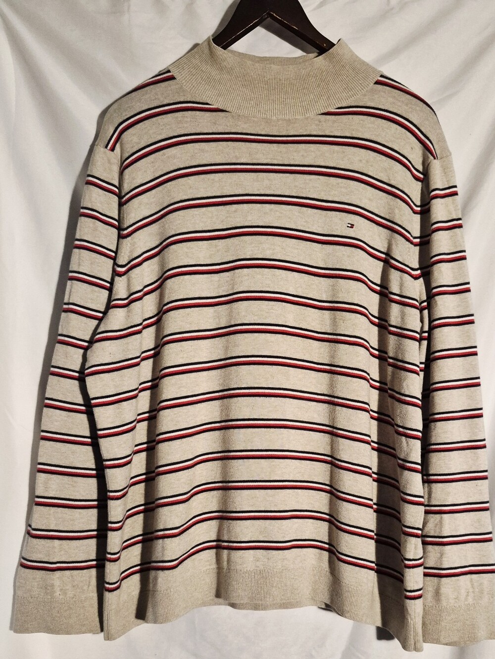 Tommy Hilfiger Beige Striped Turtleneck Sweater with Red & Black Trim